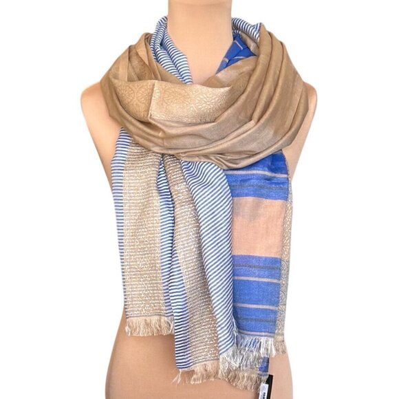 NWT Saachi Large Scarf Silk Blend Tan Blue Brocade Stripes Fringe Boho Lagenlook - Picture 1 of 12